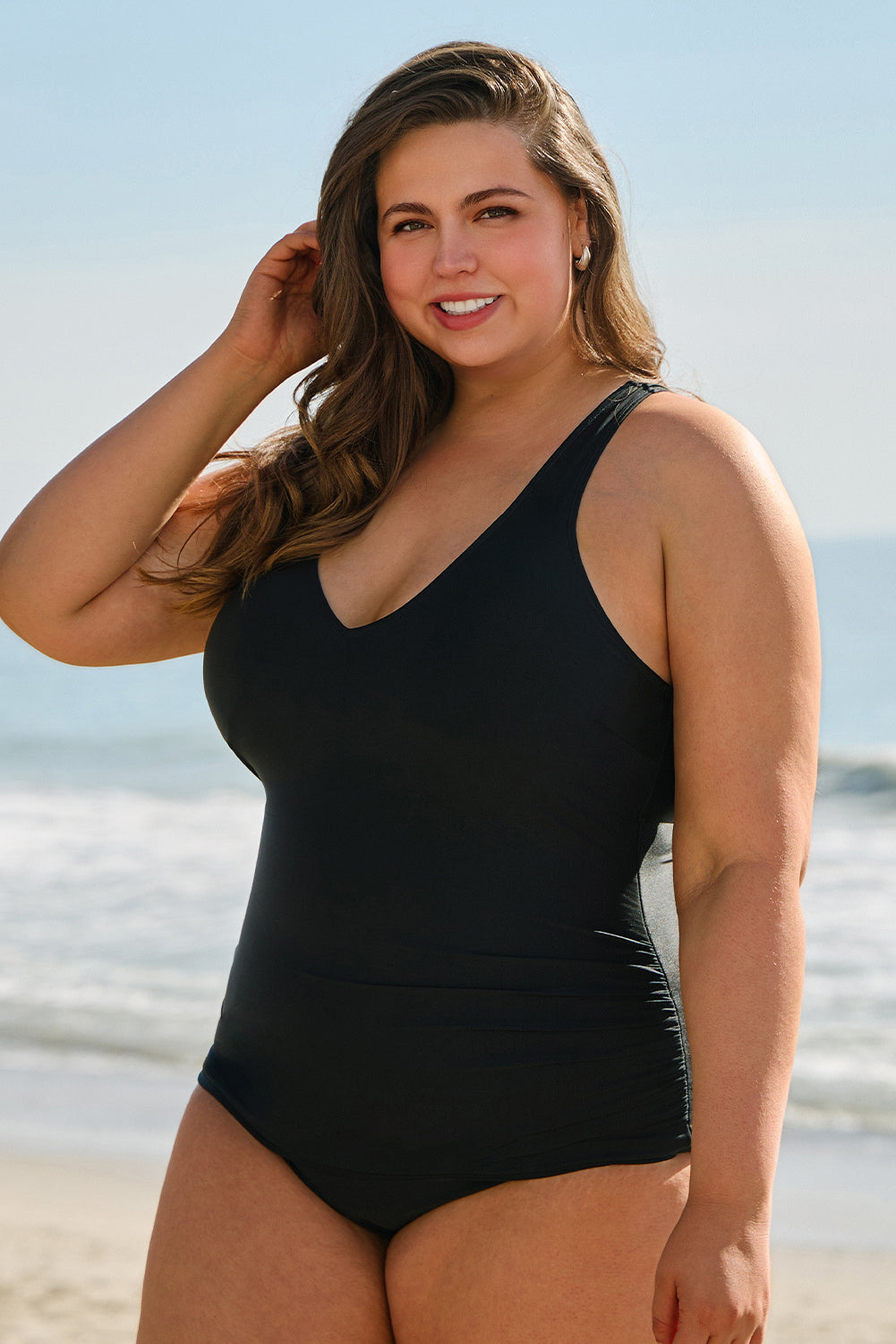 Solid Color U Neck Padded Plus Size One Piece Swimsuit - KaleaBoutique.com