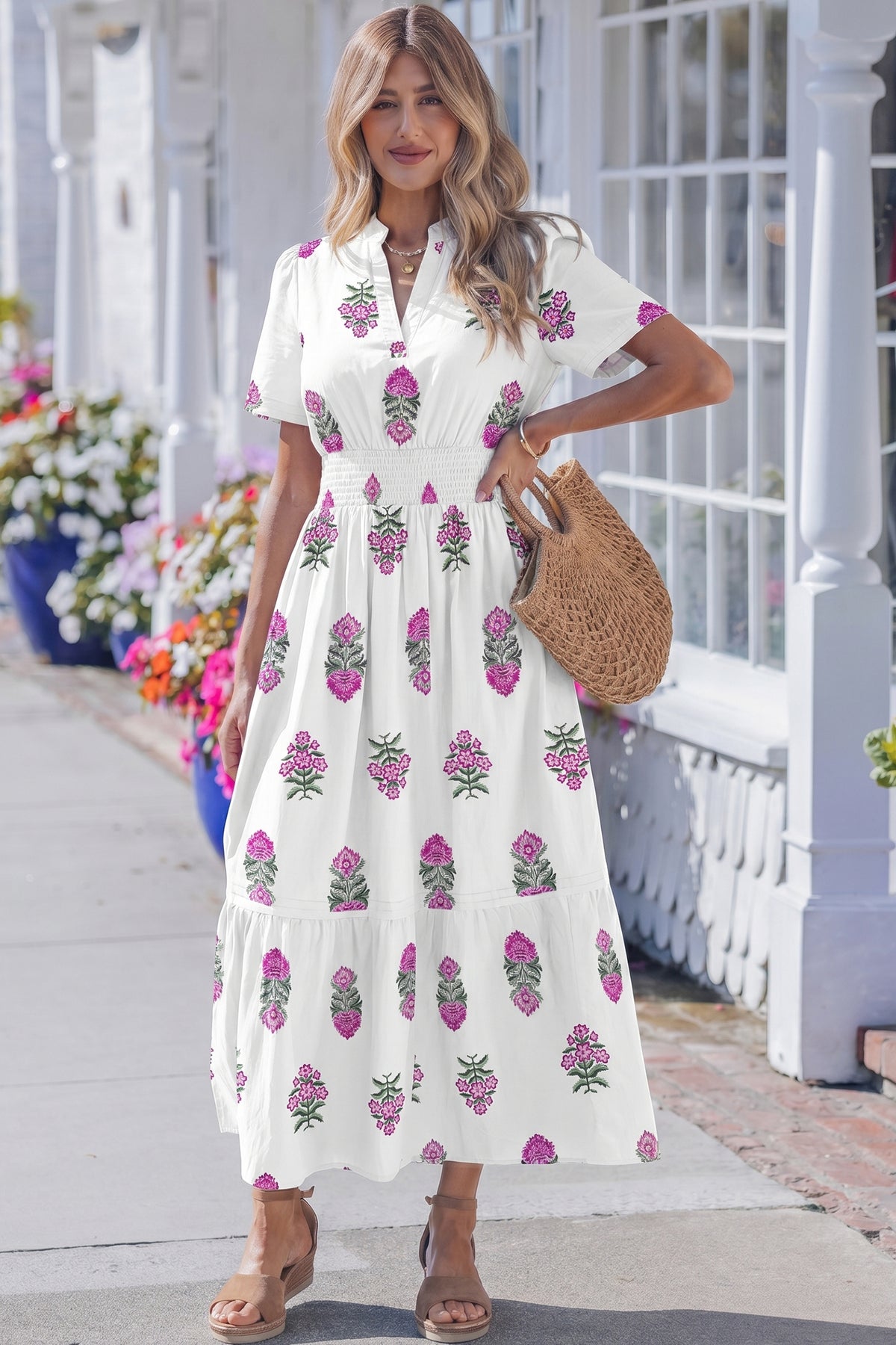 KaleaBoutique Stylish Floral Print Split Neck Shirred High Waist Ruffle Hem Maxi Dress - KaleaBoutique.com