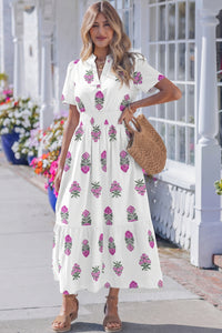 KaleaBoutique Stylish Floral Print Split Neck Shirred High Waist Ruffle Hem Maxi Dress - KaleaBoutique.com