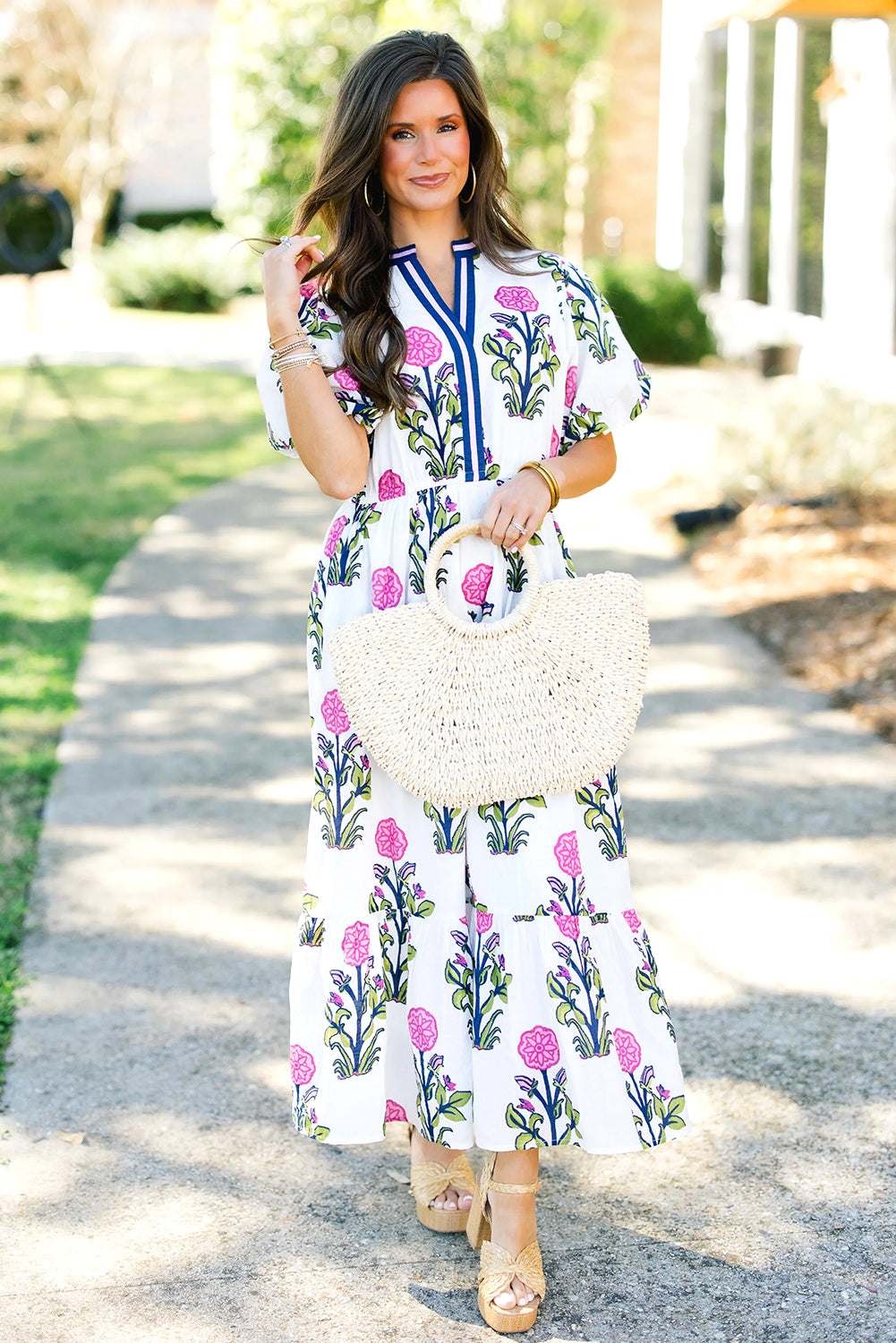 Floral Puff Short Sleeve V Neck High Waist Maxi Dress - KaleaBoutique.com