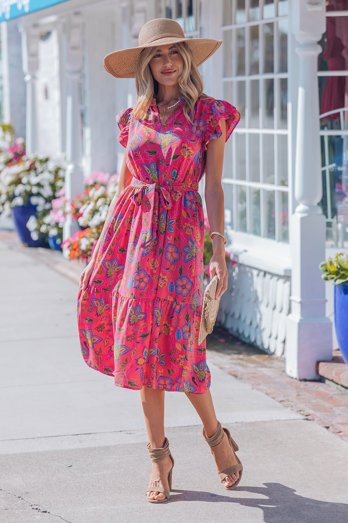 KaleaBoutique Stylish Flutter Sleeve Belted Floral Long Dress - KaleaBoutique.com