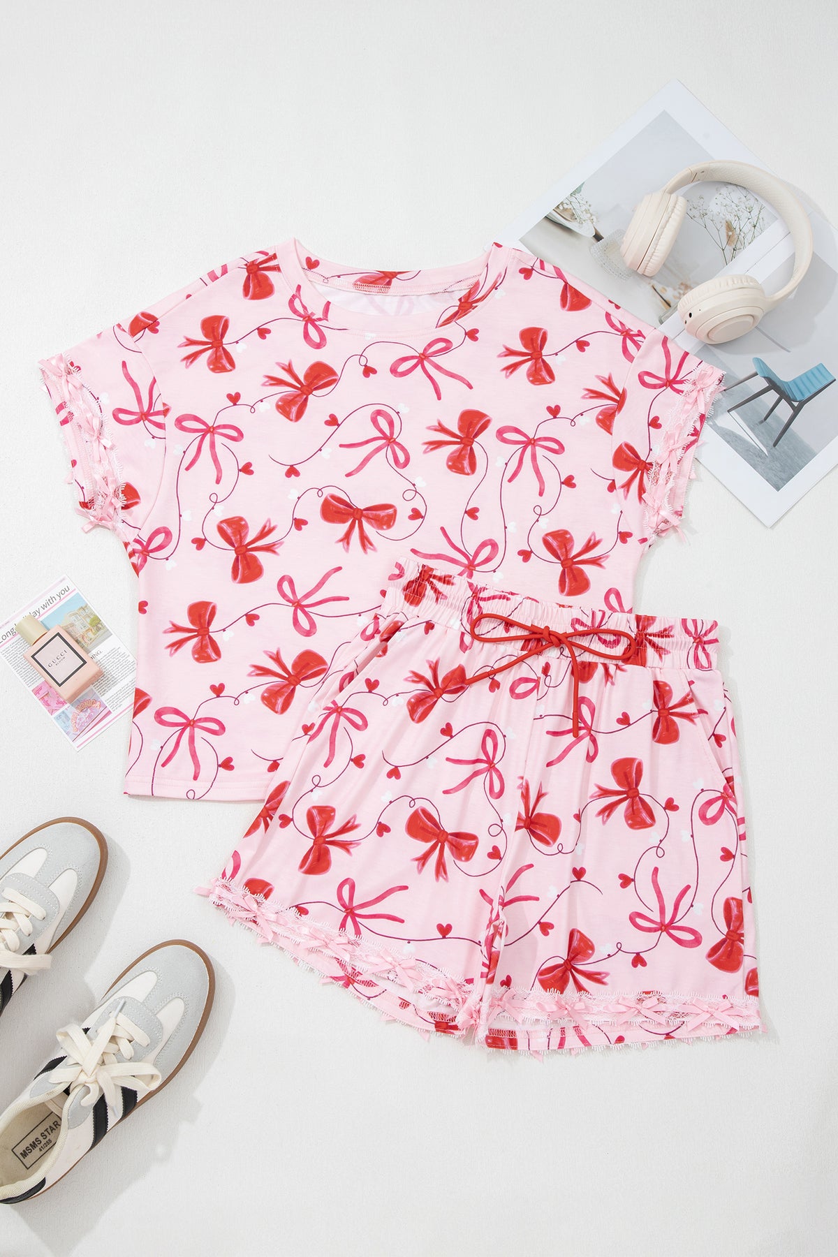 KaleaBoutique Stylish Romantic Bow Print Loose Tee Drawstring Shorts 2pcs Lounge Set - KaleaBoutique.com