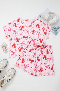 KaleaBoutique Stylish Romantic Bow Print Loose Tee Drawstring Shorts 2pcs Lounge Set - KaleaBoutique.com