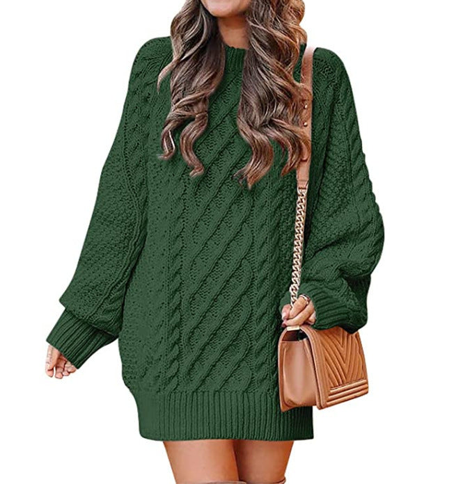 Women's Round-Neck Cable-Pattern Balloon-Sleeve Sweater Dress - KaleaBoutique.com