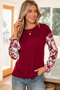 Contrast Floral Sleeve Solid Ribbed Body Patchwork Long Sleeve Top - KaleaBoutique.com