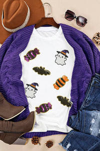 White Sequin Witch Ghost, Candy & Bat Halloween Graphic Tee - KaleaBoutique.com