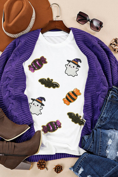 White Sequin Witch Ghost, Candy & Bat Halloween Graphic Tee - KaleaBoutique.com