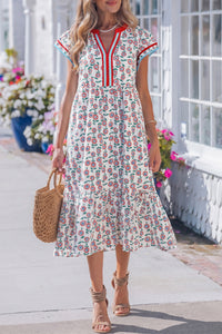 KaleaBoutique Stylish Cute Sunflower Printed Striped Patchwork Trim Flutter Sleeve Long Dress - KaleaBoutique.com