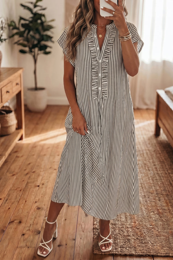 KaleaBoutique Stylish Frilled Detail Half Buttons Short Sleeve Long Dress - KaleaBoutique.com
