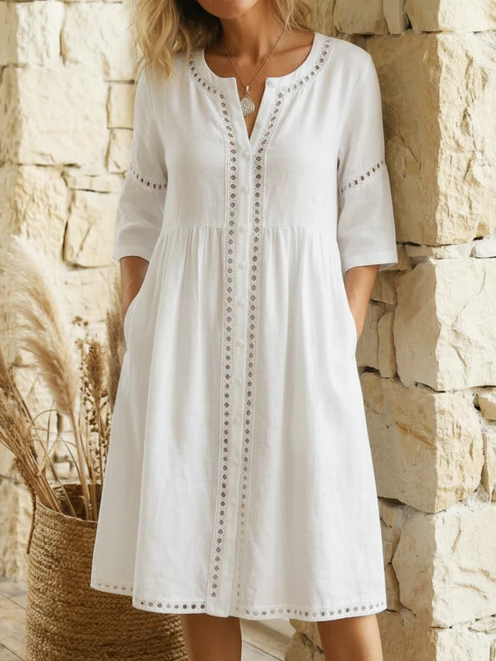 Loose-fitting Linen-cotton Dress With A Buttoned Collar And Lace-trimmed Seams - KaleaBoutique.com