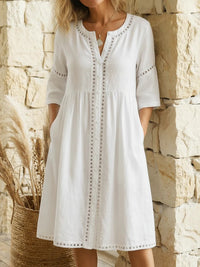 Loose-fitting Linen-cotton Dress With A Buttoned Collar And Lace-trimmed Seams - KaleaBoutique.com