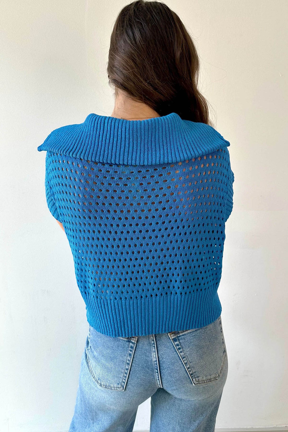 KaleaBoutique Stylish Solid Color Hollowed Knit Short Sleeve Zipper Collar Knitwear Top - KaleaBoutique.com