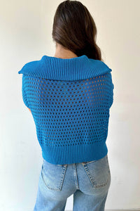 KaleaBoutique Stylish Solid Color Hollowed Knit Short Sleeve Zipper Collar Knitwear Top - KaleaBoutique.com