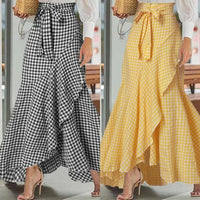 Cross-Border Women's Plaid Mermaid Skirt With Ruffled Irregular Hem, High-Waisted Casual Umbrella Wrap Long Skirt - KaleaBoutique.com