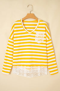 KaleaBoutique Comfortable Striped Lace Patchwork V Neck Long Sleeve Top - KaleaBoutique.com