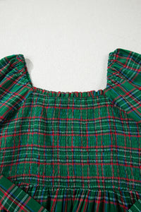 Tartan Plaid Square Neck Puff Sleeve Knot Waist Flared Midi Dress - KaleaBoutique.com
