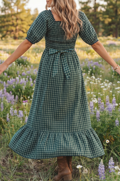 KaleaBoutique Comfortable Plaid Square Neck Shirred High Waist Ruffle Hem Dress - KaleaBoutique.com