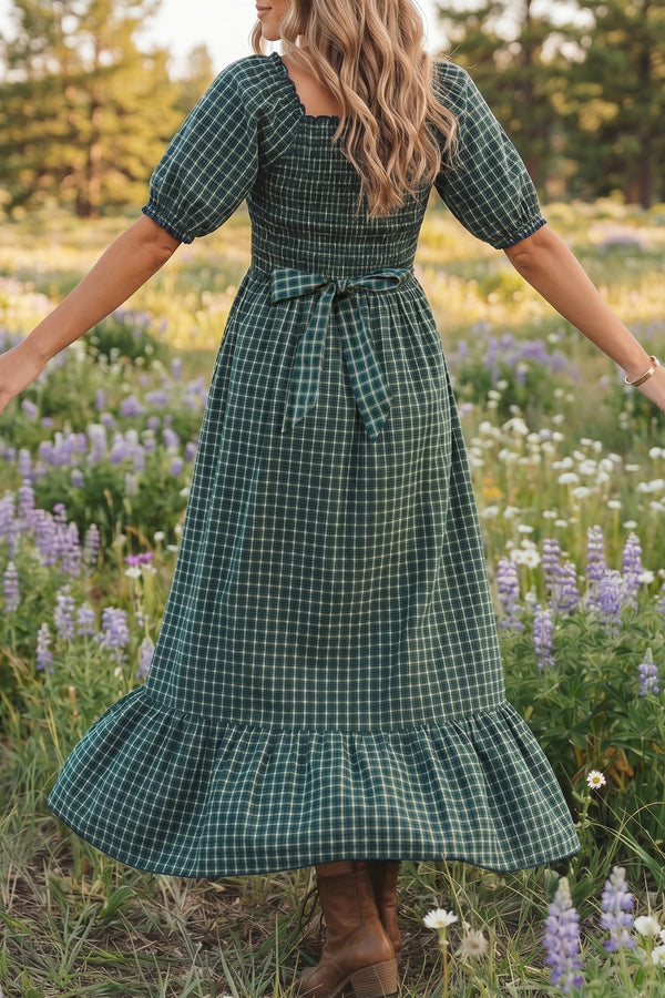 KaleaBoutique Comfortable Plaid Square Neck Shirred High Waist Ruffle Hem Dress - KaleaBoutique.com