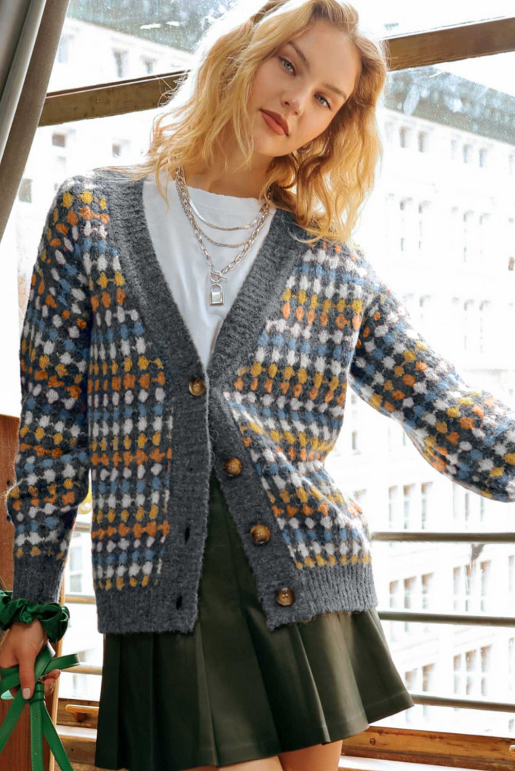 KaleaBoutique Stylish Dotty Pattern Knit Button Front V Neck Sweater Cardigan - KaleaBoutique.com