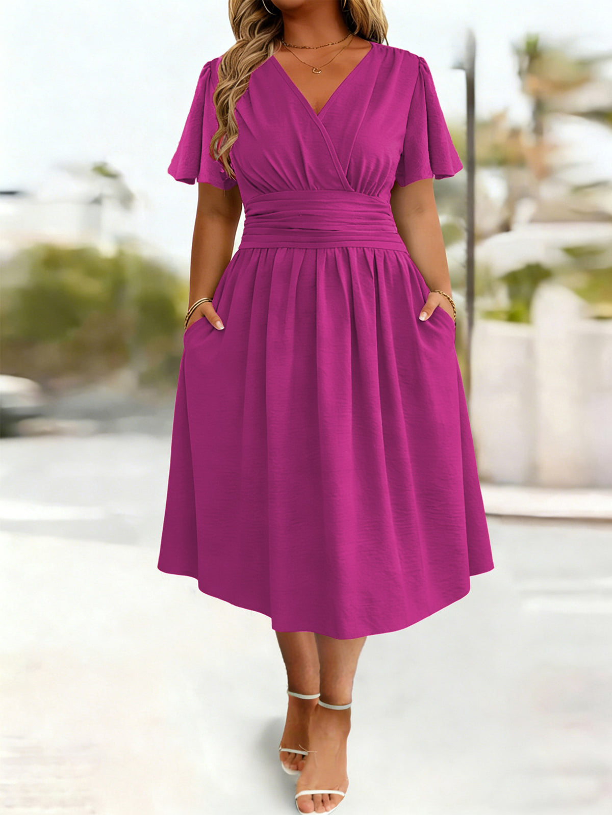Women's V-Neck Flutter-Sleeve Gathered-Waist Midi Dress - KaleaBoutique.com