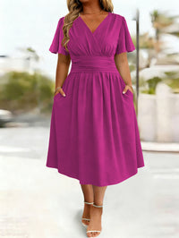 Women's V-Neck Flutter-Sleeve Gathered-Waist Midi Dress - KaleaBoutique.com