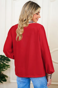 Contrast Plaid Patchwork V Neck Long Sleeve Blouse - KaleaBoutique.com