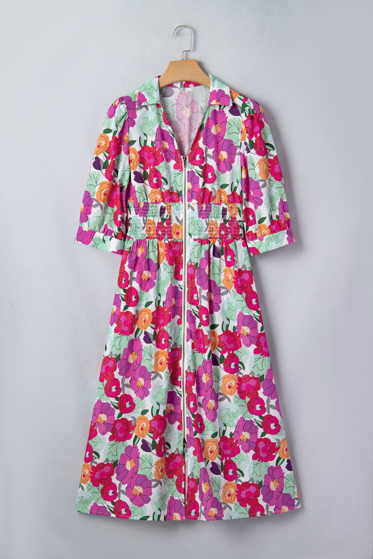 KaleaBoutique Stylish Vibrant Floral Print V Neck Zip Up Puffy Half Sleeve Dress - KaleaBoutique.com