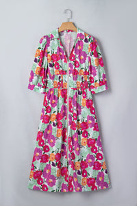 KaleaBoutique Stylish Vibrant Floral Print V Neck Zip Up Puffy Half Sleeve Dress - KaleaBoutique.com