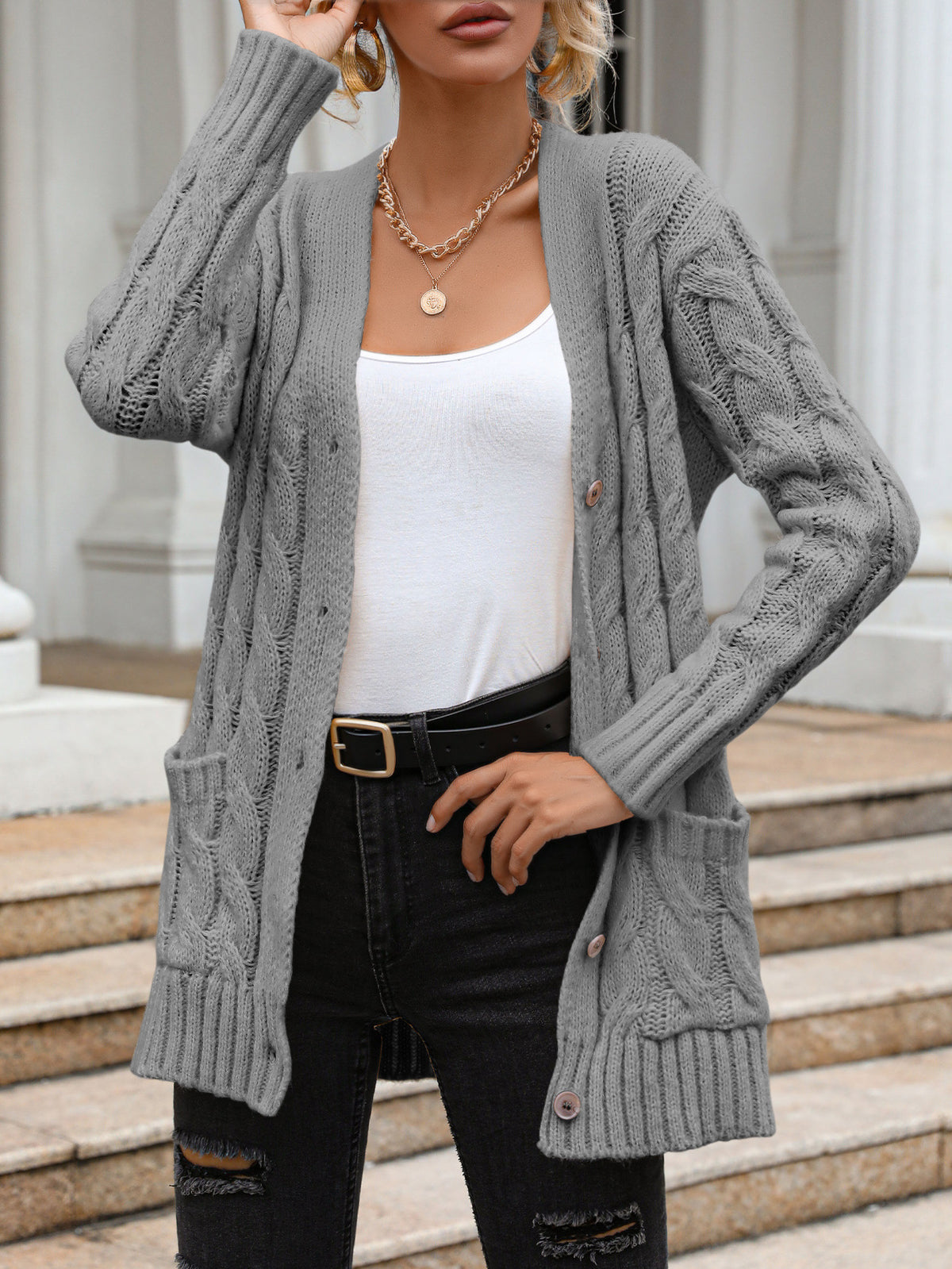 Women's Longline Cable-Knit Button-Front Cardigan with Pockets - KaleaBoutique.com