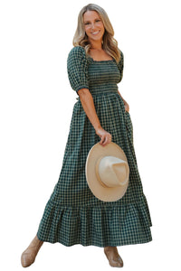KaleaBoutique Comfortable Plaid Square Neck Shirred High Waist Ruffle Hem Dress - KaleaBoutique.com