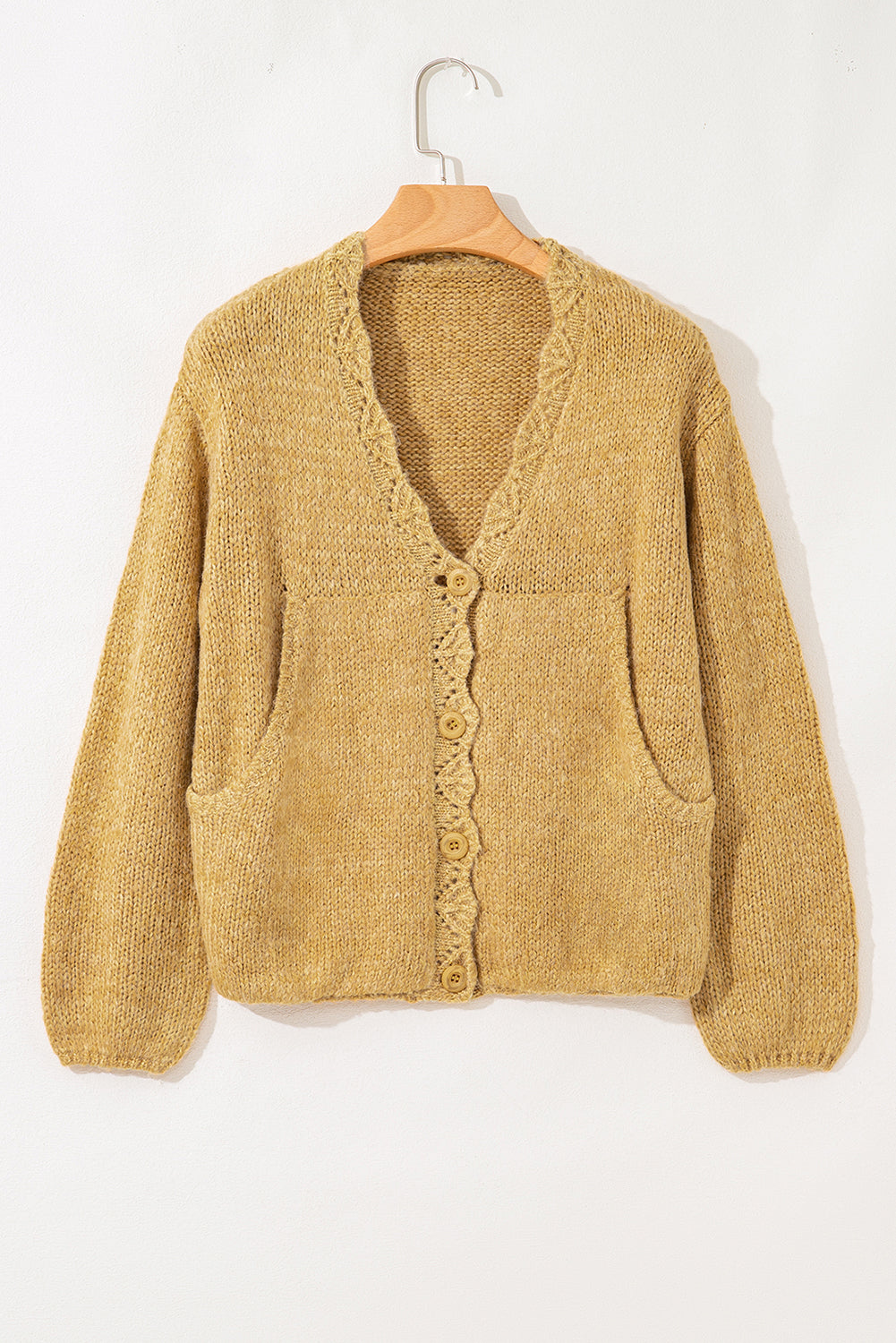 KaleaBoutique Stylish Lantern Sleeve Scallop V Neck Buttoned Front Cardigan - KaleaBoutique.com