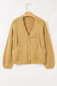 KaleaBoutique Stylish Lantern Sleeve Scallop V Neck Buttoned Front Cardigan - KaleaBoutique.com