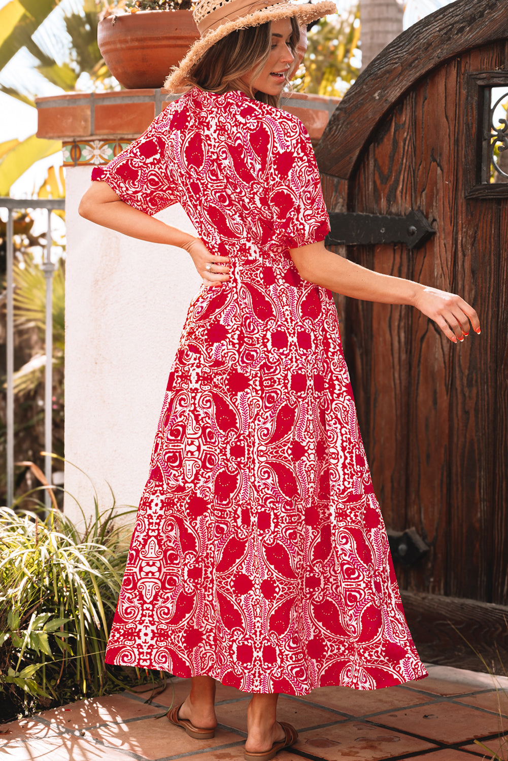KaleaBoutique Stylish Paisley Print Side Slit Puff Sleeve High Waist Maxi Dress - KaleaBoutique.com