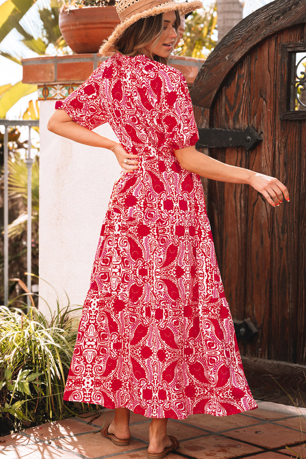 KaleaBoutique Stylish Paisley Print Side Slit Puff Sleeve High Waist Maxi Dress - KaleaBoutique.com