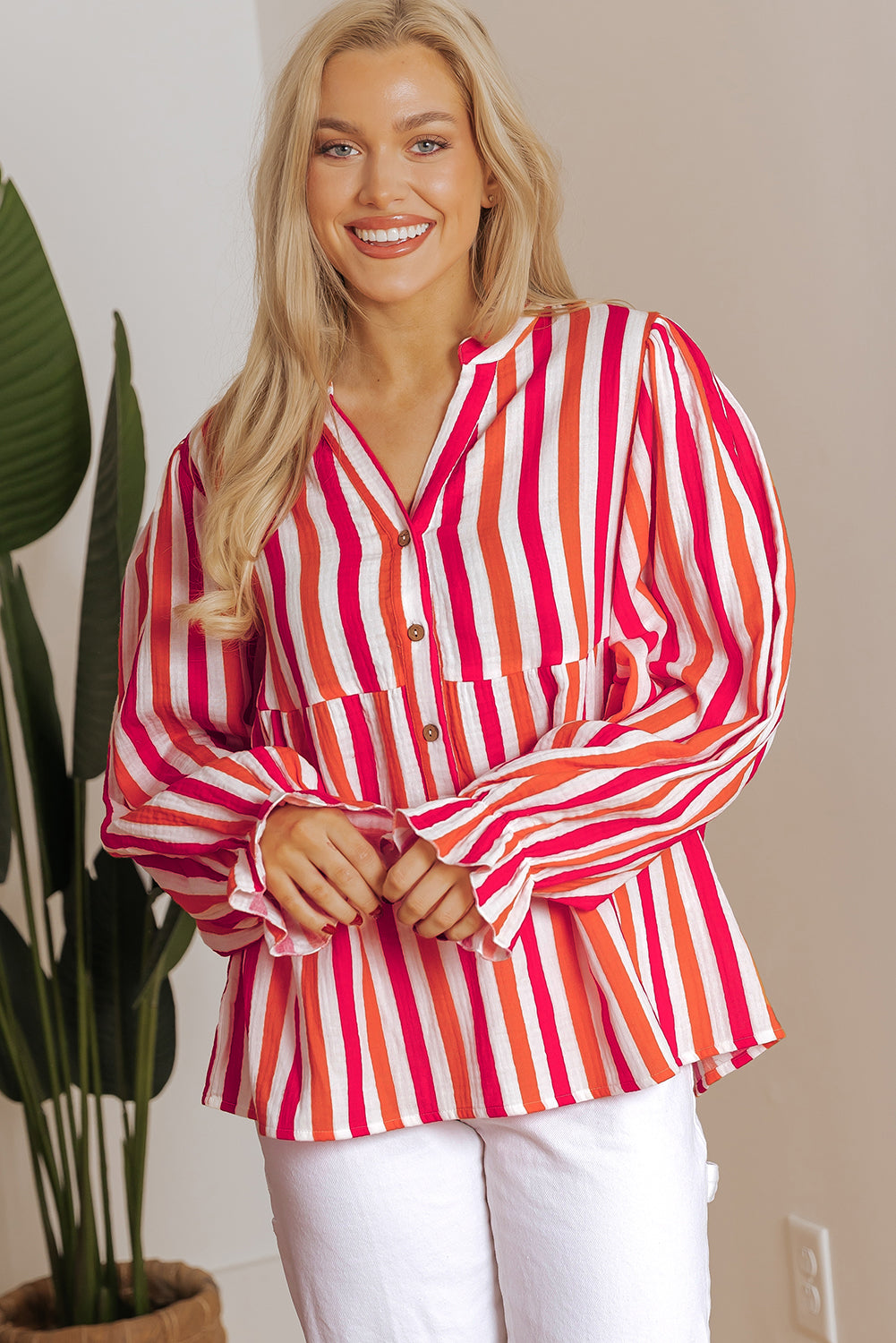 KaleaBoutique Stylish Balloon Sleeve Notched V Neck Buttoned Front Blouse - KaleaBoutique.com
