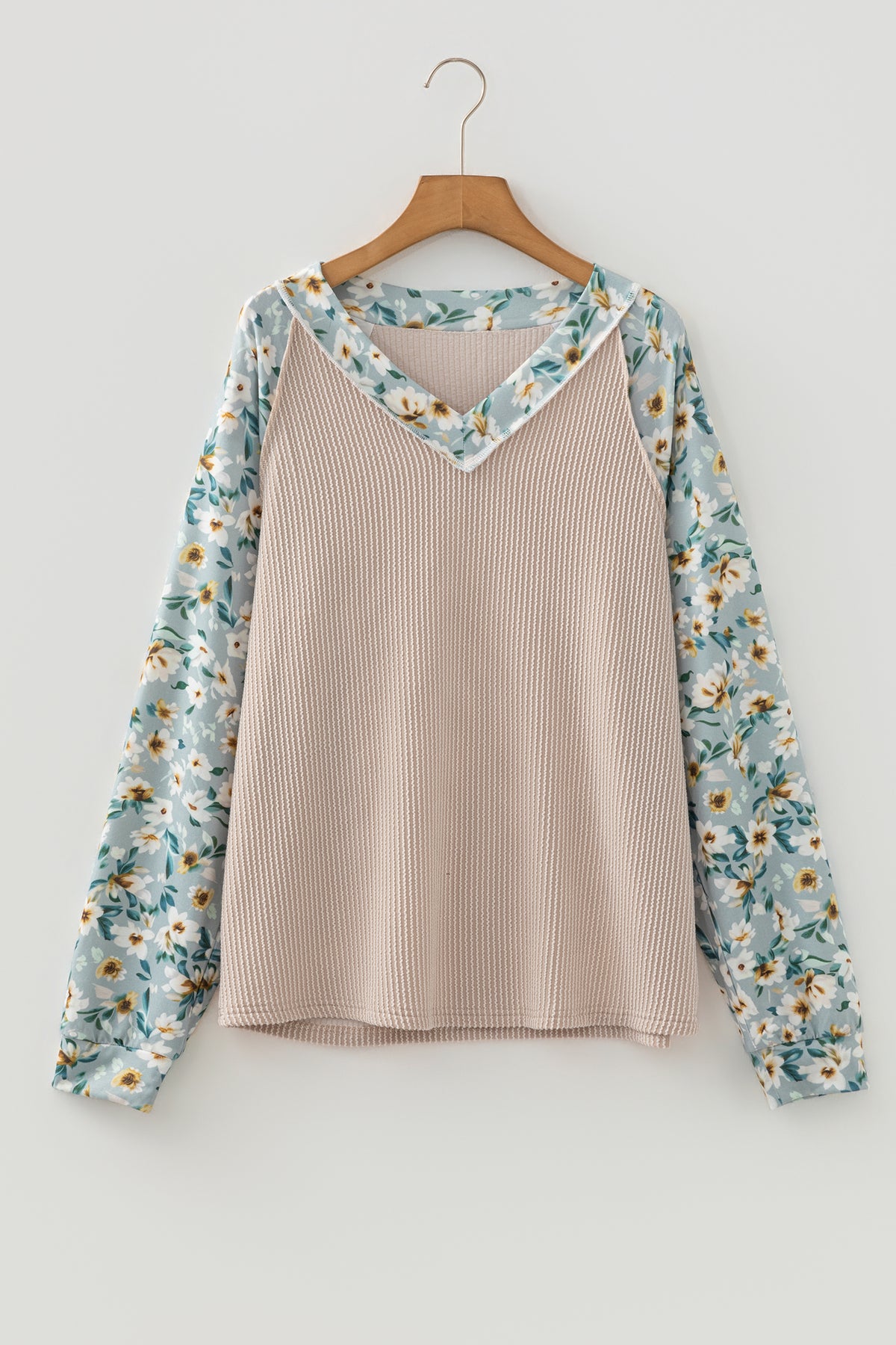 KaleaBoutique Stylish Ribbed Floral Contrast Patchwork Long Sleeve Top - KaleaBoutique.com