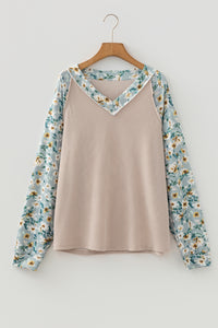 KaleaBoutique Stylish Ribbed Floral Contrast Patchwork Long Sleeve Top - KaleaBoutique.com