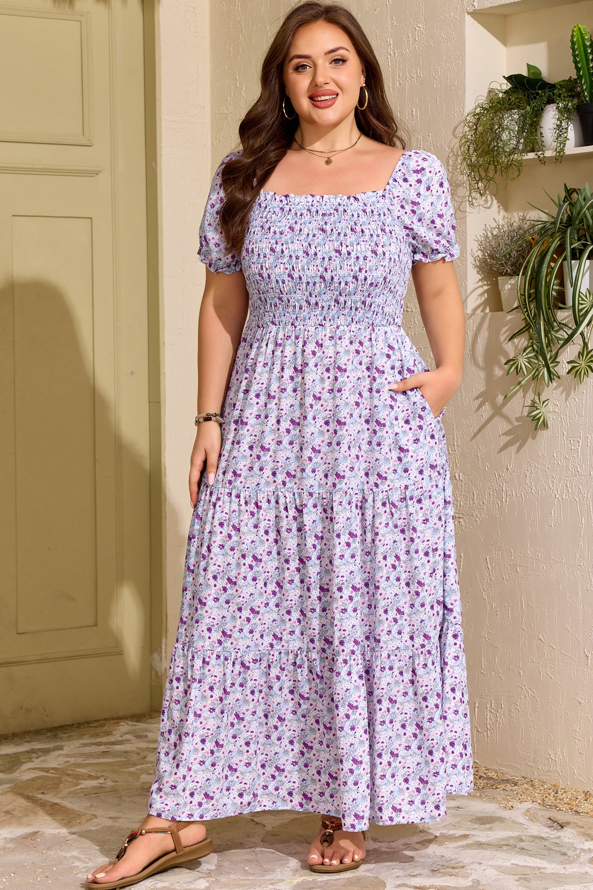 Purple Plus Size Floral Square-Neck Smocked Maxi Dress - KaleaBoutique.com