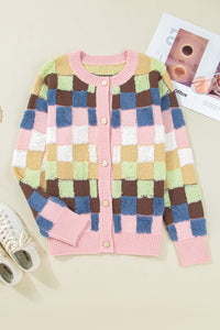 KaleaBoutique Stylish Plush Checkered Pattern Button Front Cardigan Sweater - KaleaBoutique.com