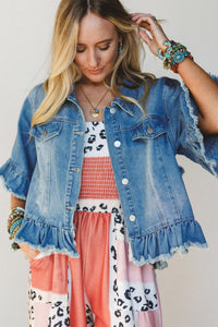 Ruffle Hem Raw Edge Half Sleeve Western Denim Jacket - KaleaBoutique.com