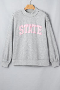 KaleaBoutique Comfortable Exposed Seam Mock Neck STATE Letter Graphic Loose Sweatshirt - KaleaBoutique.com