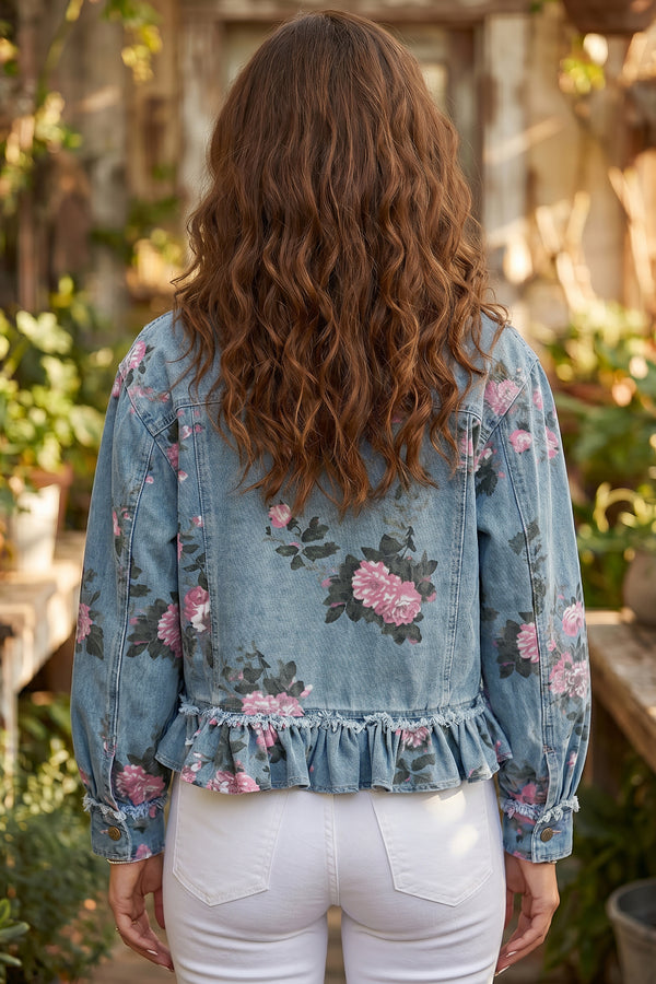 Floral Print Raw Seam Ruffle Hem Denim Jacket - KaleaBoutique.com