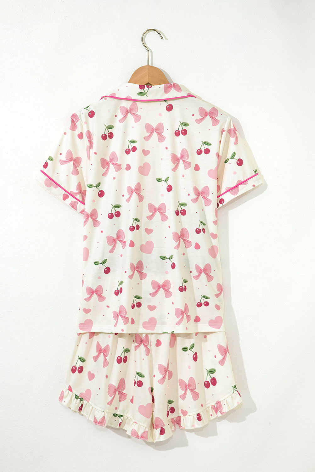 KaleaBoutique Comfortable Bow Fruit Print Contrast Pipping Short Pajamas Set - KaleaBoutique.com