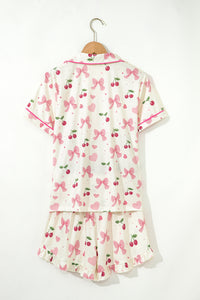 KaleaBoutique Comfortable Bow Fruit Print Contrast Pipping Short Pajamas Set - KaleaBoutique.com
