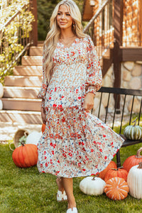 KaleaBoutique Stylish Floral Print Ruffled Tiered Long Sleeve V Neck Midi Dress - KaleaBoutique.com