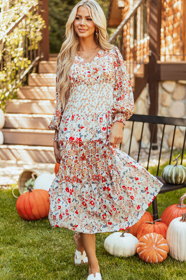 KaleaBoutique Stylish Floral Print Ruffled Tiered Long Sleeve V Neck Midi Dress - KaleaBoutique.com