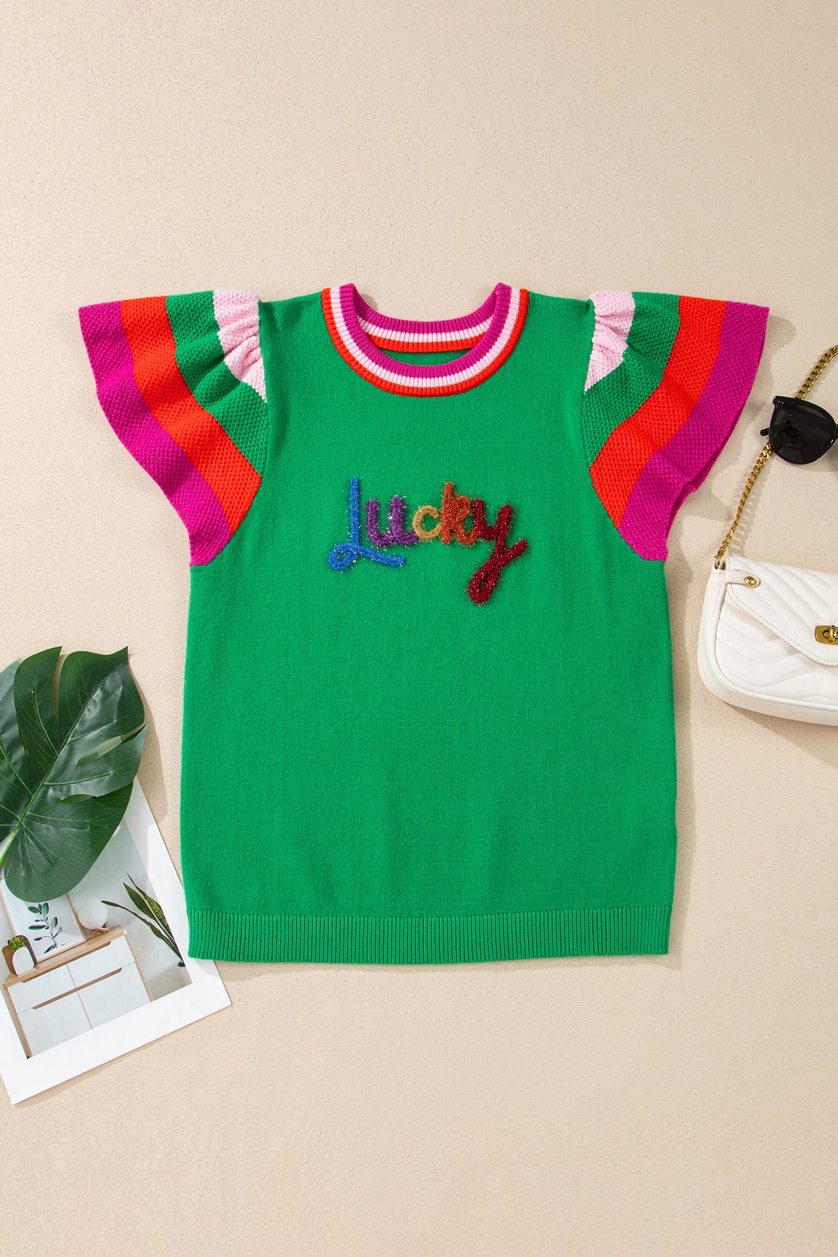 KaleaBoutique Stylish Shiny Lucky Striped Flutter Sleeve Round Neck Sweater - KaleaBoutique.com