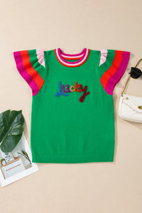 KaleaBoutique Stylish Shiny Lucky Striped Flutter Sleeve Round Neck Sweater - KaleaBoutique.com