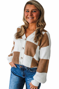 KaleaBoutique Stylish Checkered Pattern Ribbed Detail Button V Neck Sweater Cardigan - KaleaBoutique.com