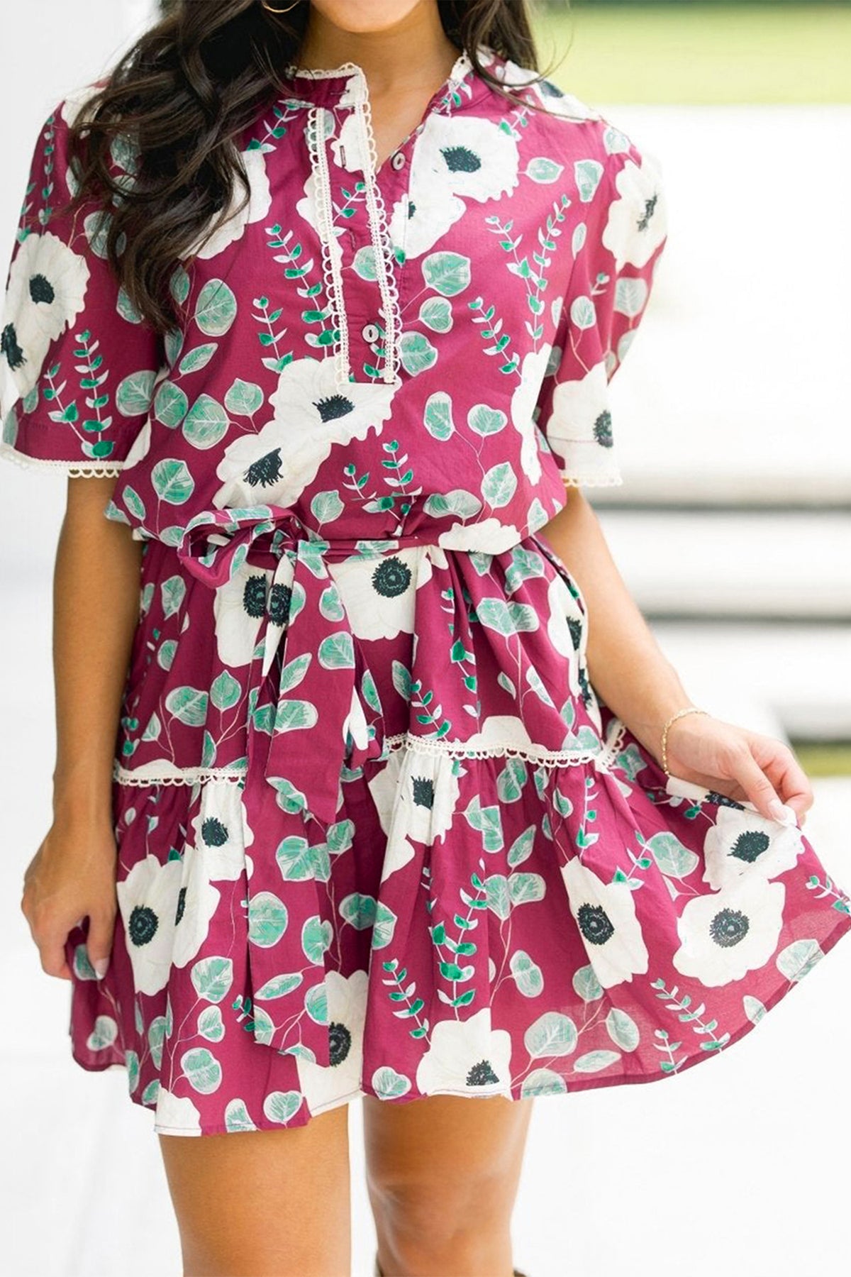 KaleaBoutique Stylish Floral Print Trimmed Short Puff Sleeve Mini Dress with Belt - KaleaBoutique.com